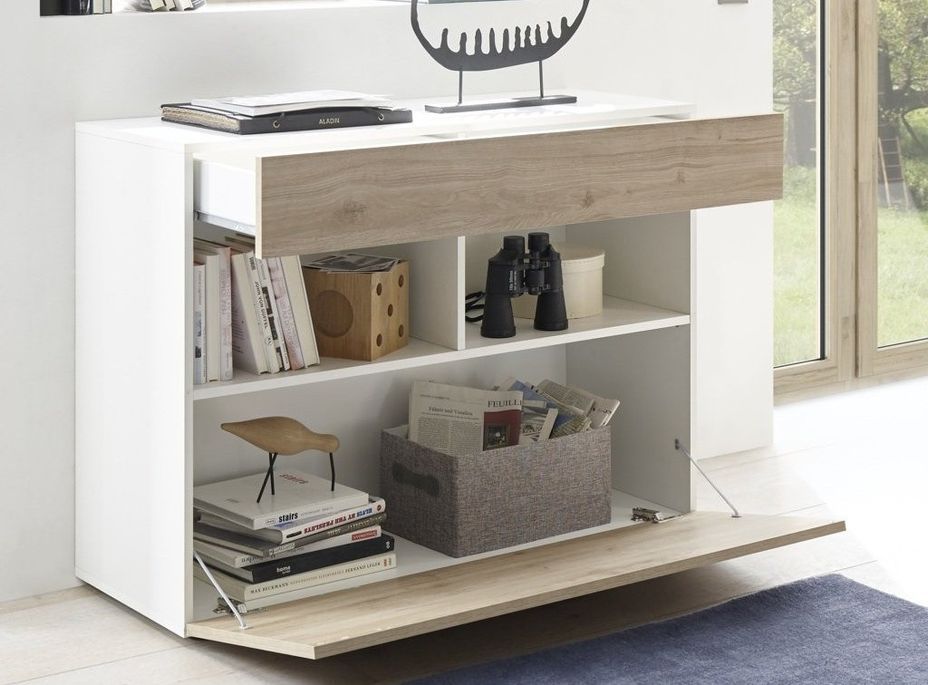 Commode 1 porte 1 tiroir bois laqué blanc et chêne clair Raia - Photo n°3
