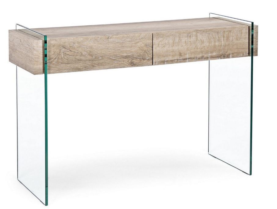 Console 2 tiroirs bois naturel et verre trempé Anya 110 cm - Photo n°1