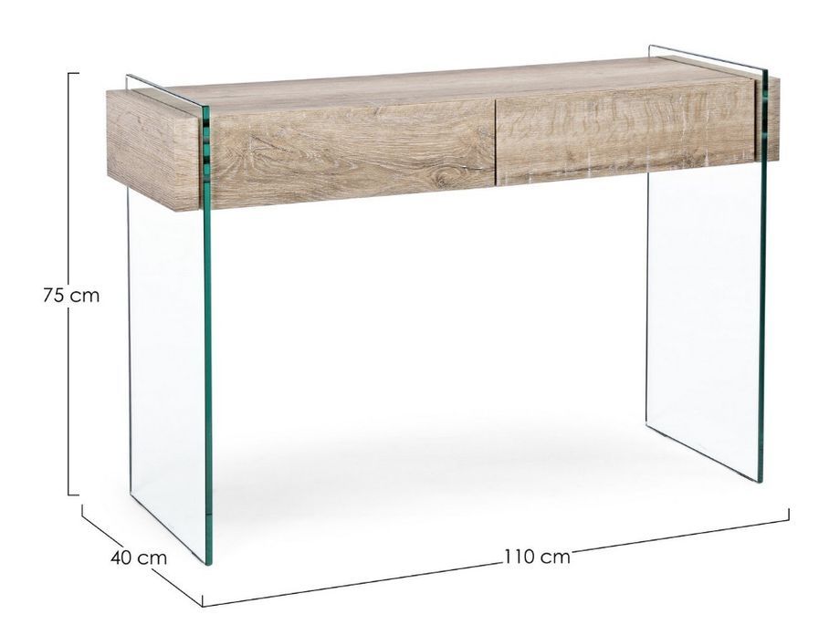 Console 2 tiroirs bois naturel et verre trempé Anya 110 cm - Photo n°5