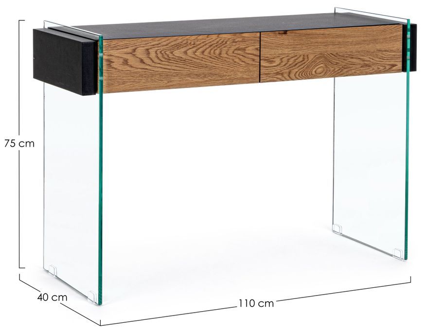 Console 2 tiroirs bois naturel noir et verre trempé Lina 110 cm - Photo n°5