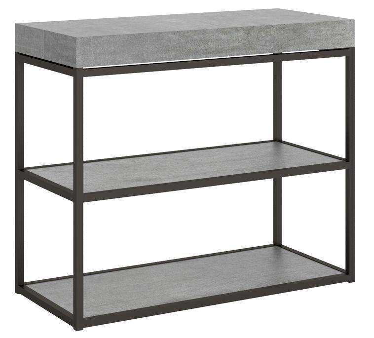Console extensible 3 étagères gris ciment et pieds métal anthracite 14 personnes 40 à 300 cm Canel - Photo n°1