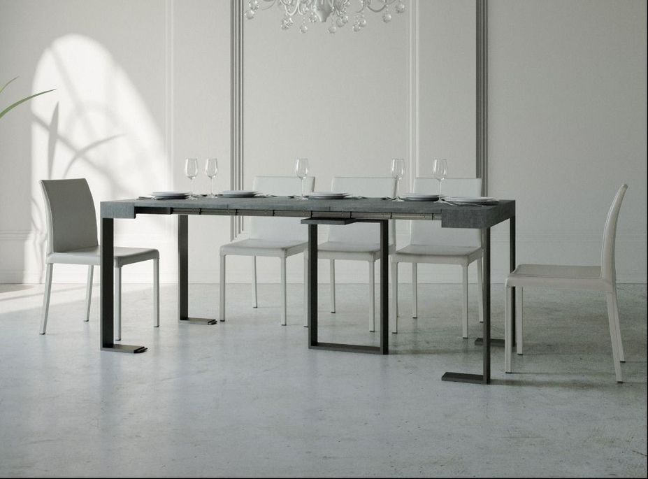 Console extensible gris béton et pieds métal anthracite 8 personnes 40 à 196 cm Sivy - Photo n°3
