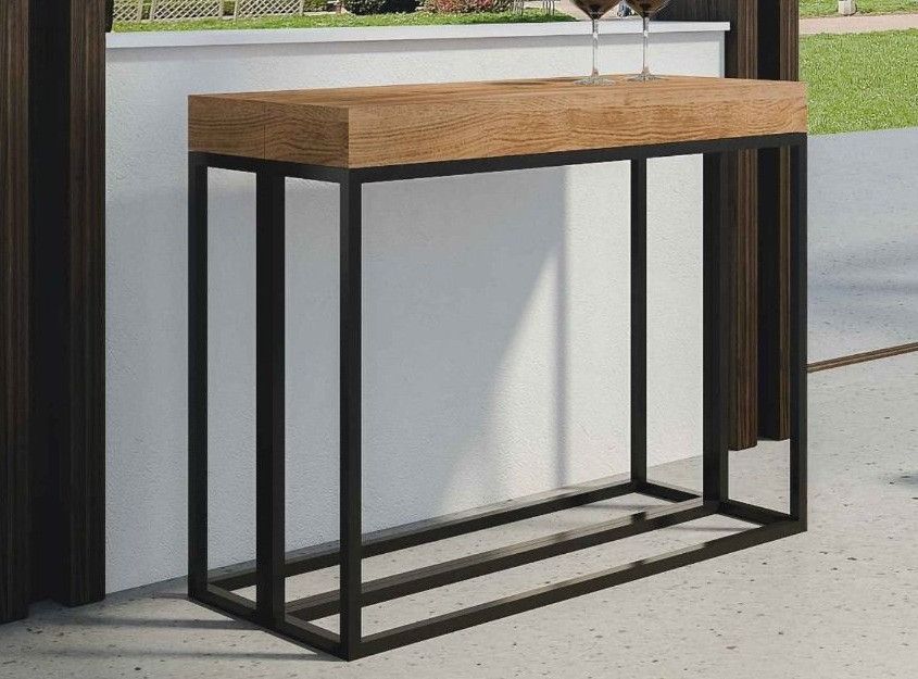 Console extensible pin massif teinté foncé et pieds métal anthracite 14 personnes 40 à 290 cm Meli - Photo n°1
