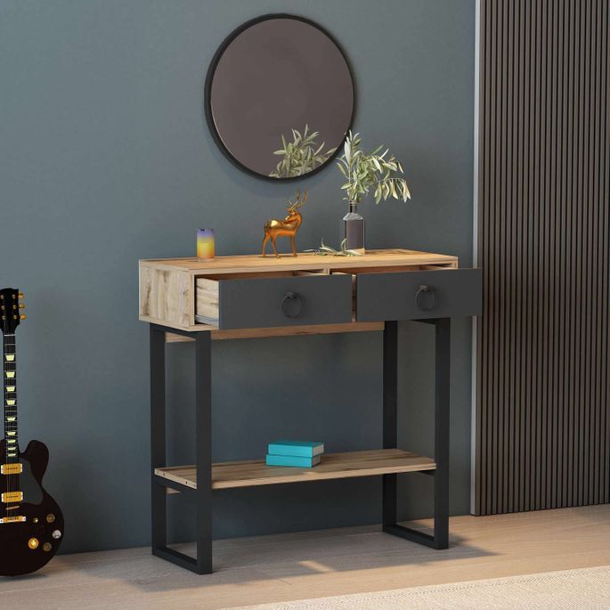 Console fixe bois clair 2 tiroirs anthracite et pieds métal noir Melya 90 cm - Photo n°3
