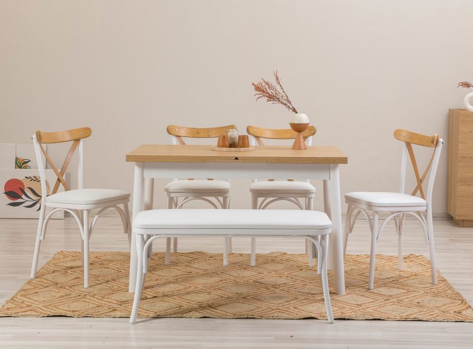 Ensemble 1 table extensible 4 chaises 1 banc bois naturel et blanc Kontante - Photo n°1