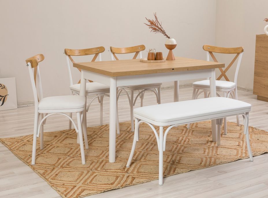 Ensemble 1 table extensible 4 chaises 1 banc bois naturel et blanc Kontante - Photo n°2