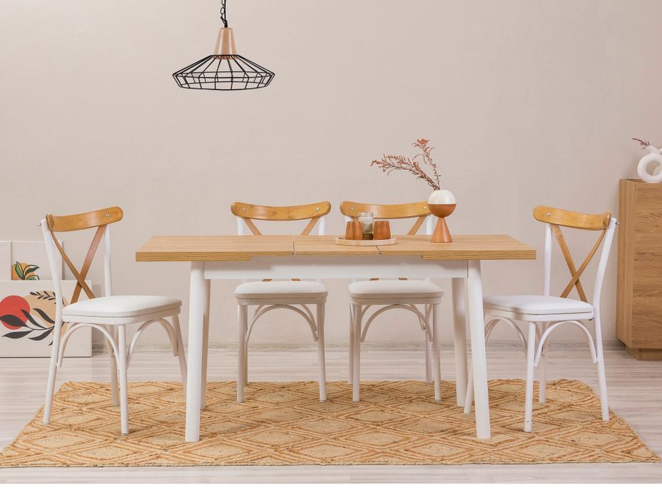 Ensemble 1 table extensible et 4 chaises bois naturel et blanc Kontante - Photo n°1
