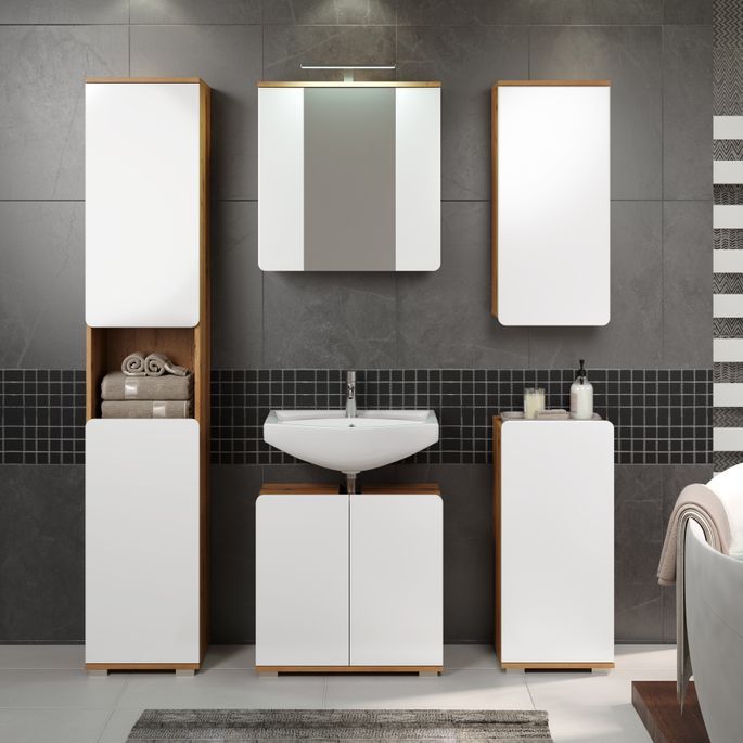 Ensemble 5 pièces de salle de bain blanc brillant et chêne artisanal Klara - Photo n°2