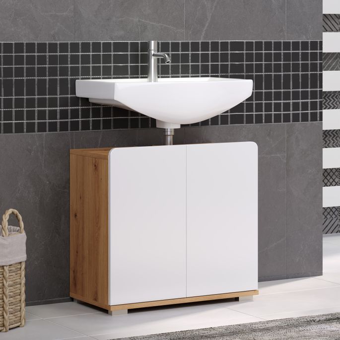 Ensemble 5 pièces de salle de bain blanc brillant et chêne artisanal Klara - Photo n°9