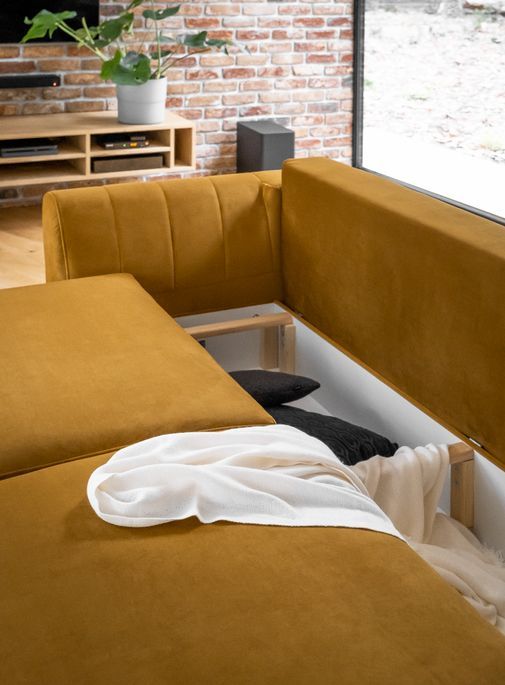 Ensemble canapé convertible tissu marron clair Zora - 1 canapé 3 places + 1 fauteuil + 1 pouf - Photo n°4