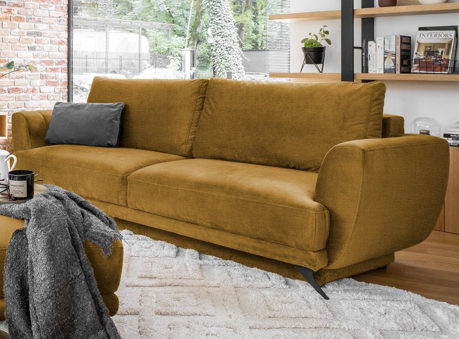 Ensemble canapé convertible velours jaune moutarde Zora - 1 canapé 3 places + 1 fauteuil + 1 pouf - Photo n°2