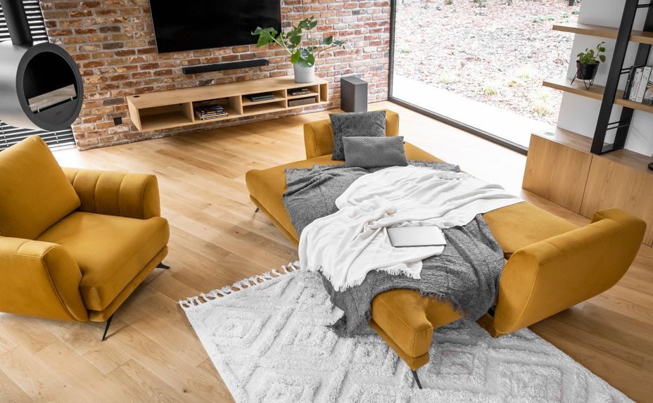 Ensemble canapé convertible velours jaune moutarde Zora - 1 canapé 3 places + 1 fauteuil + 1 pouf - Photo n°9