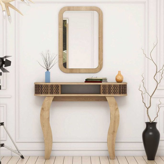 Ensemble console fixe bois chêne clair avec miroir Dolly 105 cm - Photo n°2