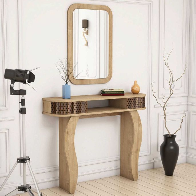 Ensemble console fixe bois chêne clair avec miroir Dolly 105 cm - Photo n°3