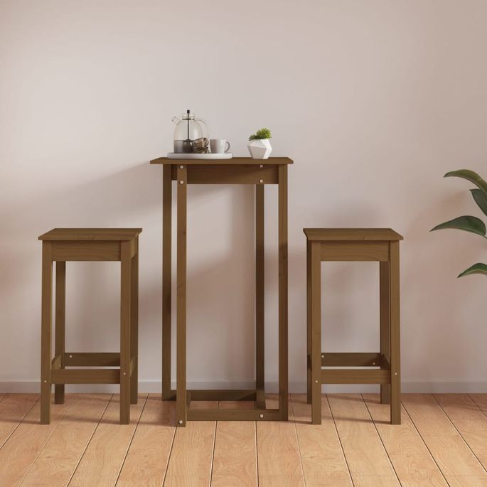 Ensemble de bar 3 pcs Marron miel Bois de pin massif - Photo n°1