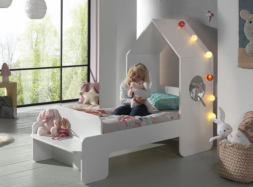 Ensemble lit maison blanc avec banc 70x140 cm et armoire gris bois laqué Camila - Photo n°2