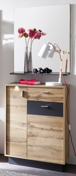 Ensemble meuble d'entrée 2 pièces chêne clair et gris avec miroir Cals 2 - Photo n°2