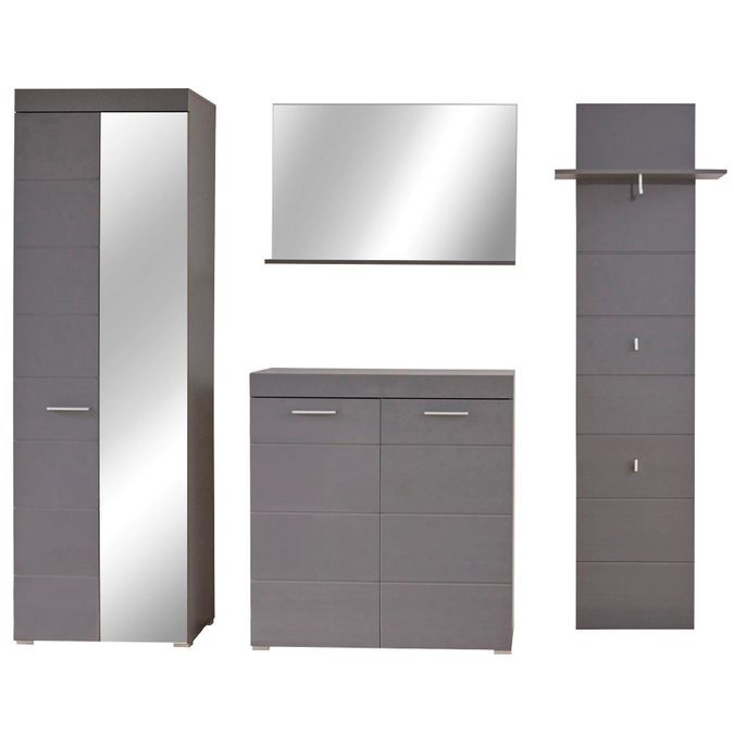 Ensemble meuble d'entrée avec miroir 4 pièces laqué gris Kelia - Photo n°1