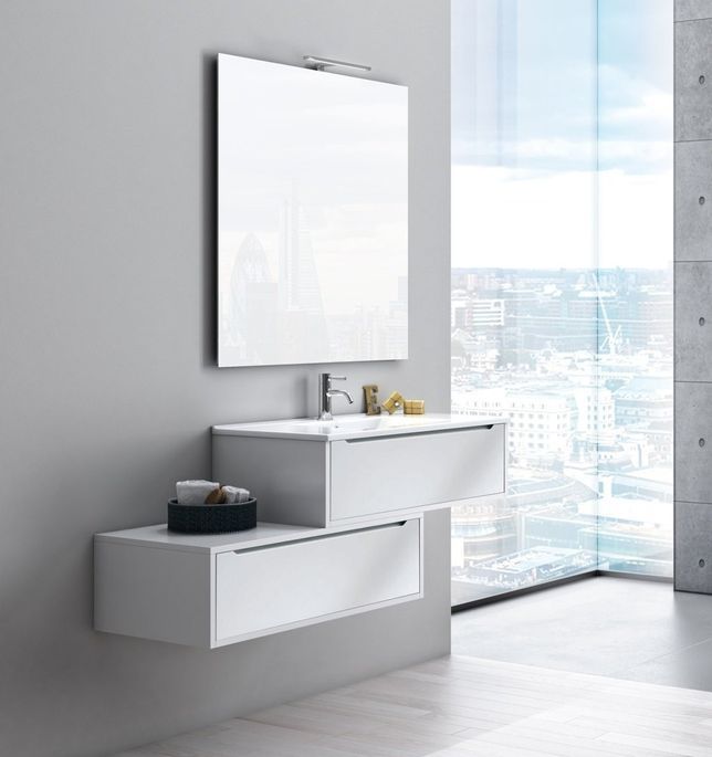 Ensemble meuble de salle de bain 2 tiroirs laqué blanc et miroir à LED Selb L 140 cm - Photo n°1