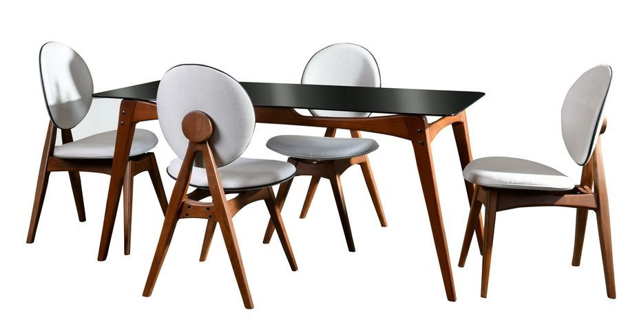 Ensemble table à manger bois de noyer et verre trempé noir et 4 chaises Karny 160 cm - Photo n°1