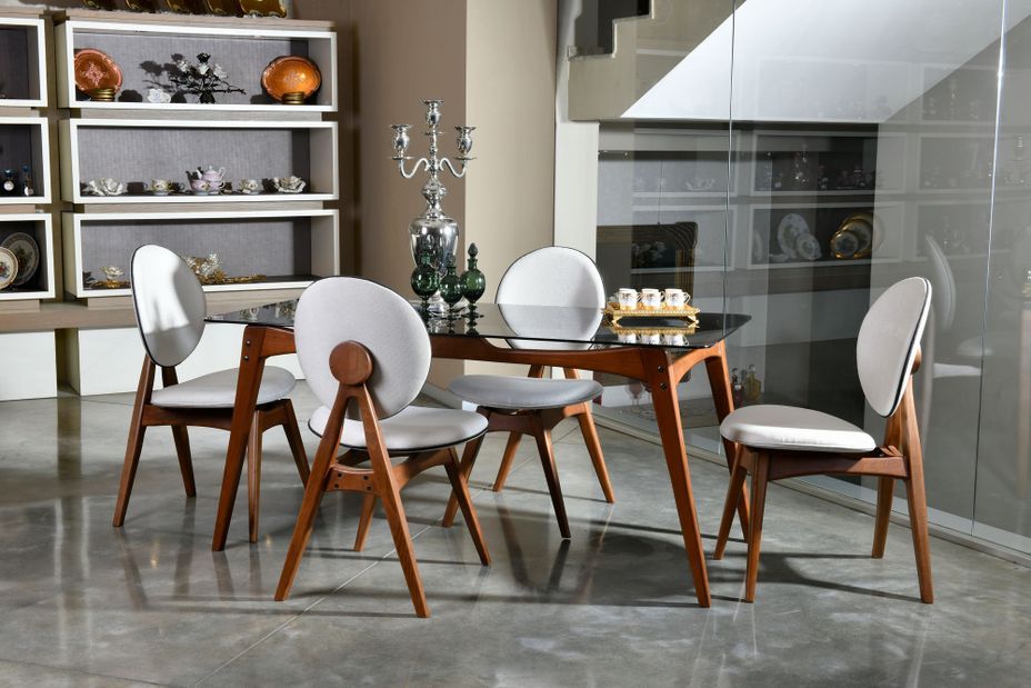 Ensemble table à manger bois de noyer et verre trempé noir et 4 chaises Karny 160 cm - Photo n°2