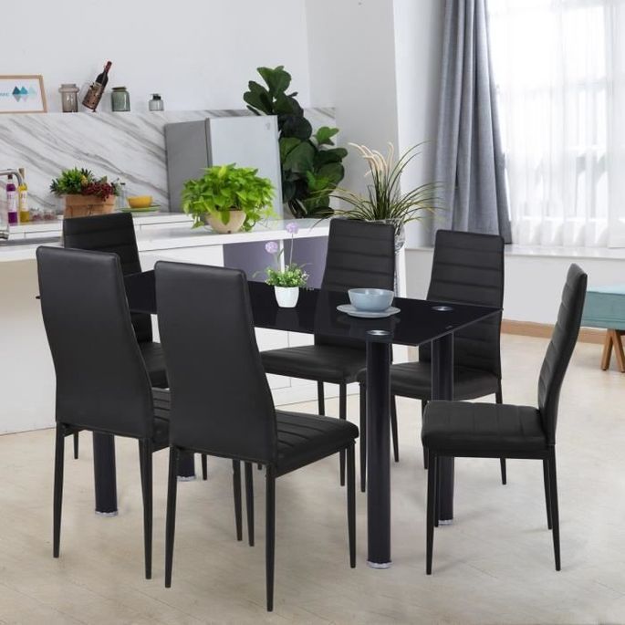 Ensemble Table a manger L 140 x P 80 cm + 6 chaises - Métal - Plateau en verre trempé - JIM - Photo n°1