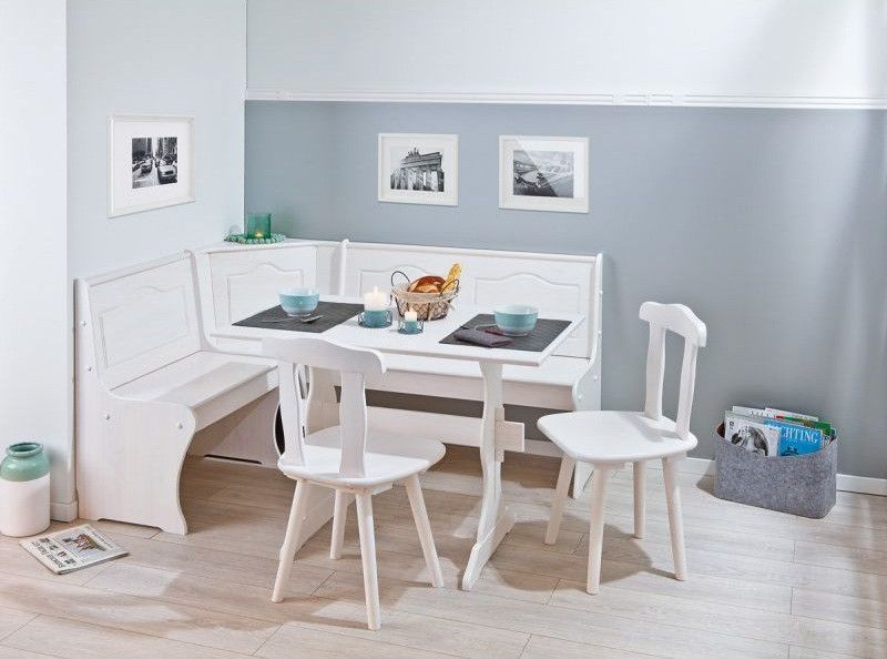 Ensemble table avec banc et chaises pin massif vernis blanc Vencia - Photo n°2