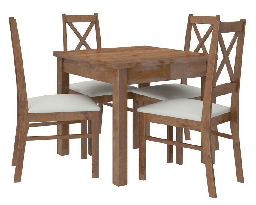 Ensemble table carrée 80/80 cm et 4 chaises en bois marron et tissu beige clair Opka - Photo n°1