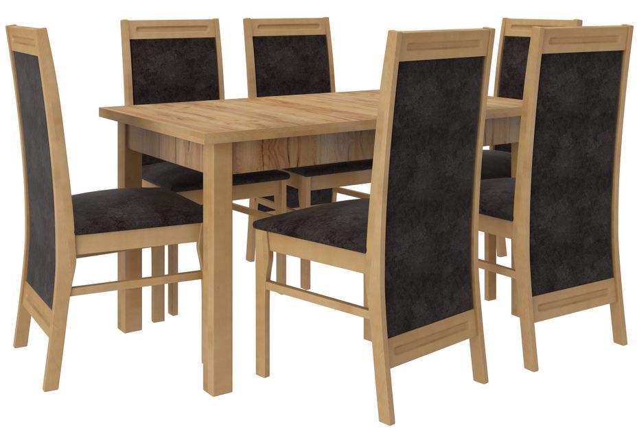 Ensemble table extensible 140/180 cm et 6 chaises en bois de hêtre et tissu gris foncé Komba - Photo n°1