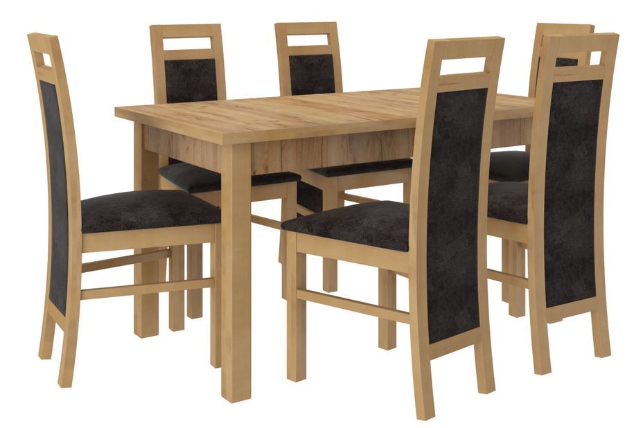 Ensemble table extensible 140/180 cm et 6 chaises en bois de hêtre et tissu gris foncé Mouka - Photo n°1