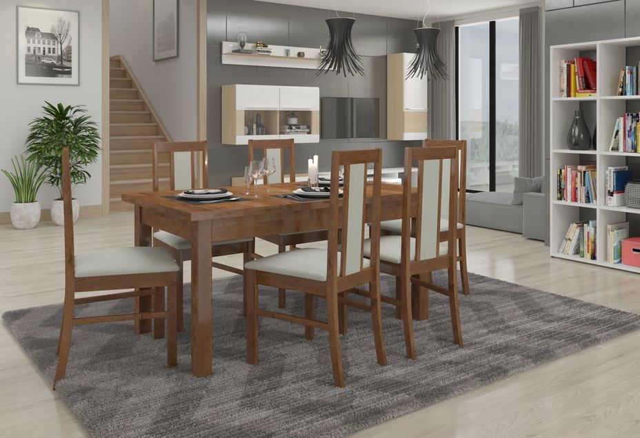 Ensemble table extensible 140/180 cm et 6 chaises en bois marron et tissu beige clair Louiza - Photo n°2