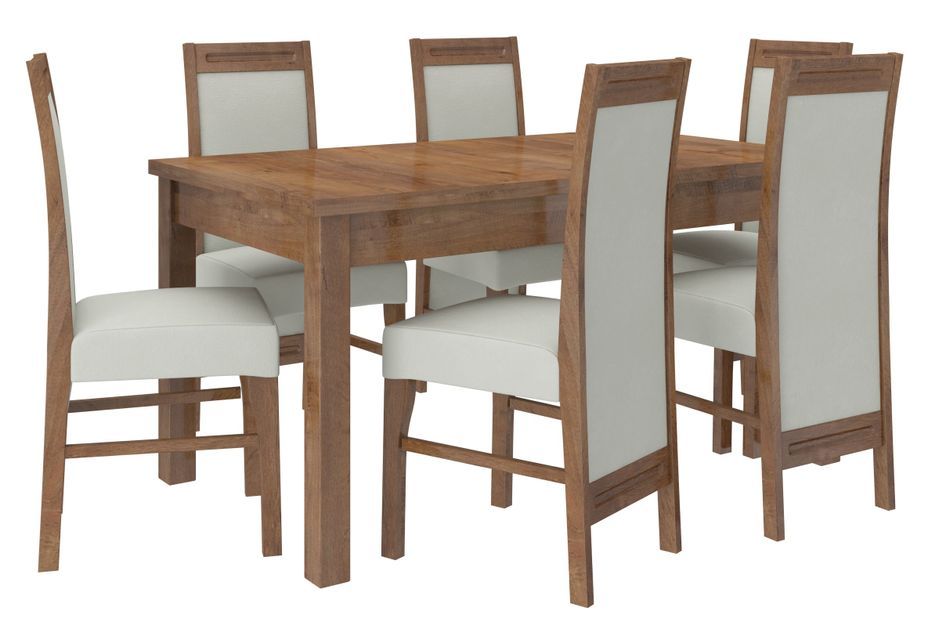 Ensemble table extensible 140/180 cm et 6 chaises en bois marron et tissu beige clair Valka - Photo n°1