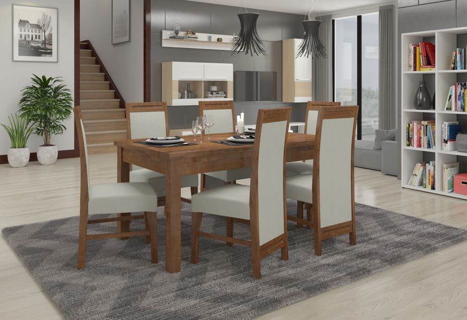 Ensemble table extensible 140/180 cm et 6 chaises en bois marron et tissu beige clair Valka - Photo n°2