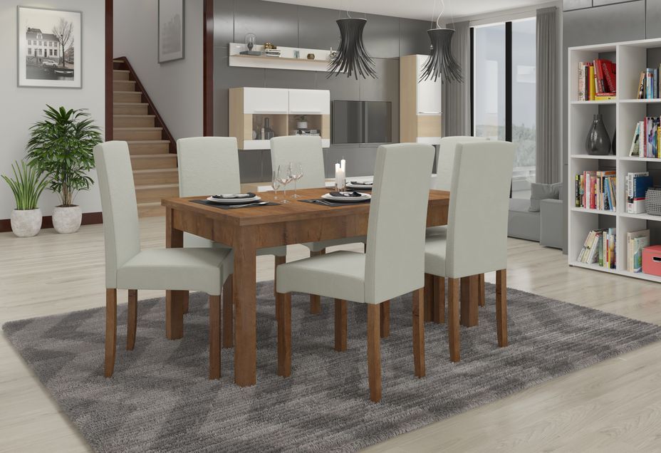 Ensemble table extensible 140/180 cm et 6 chaises en bois marron et tissu beige clair Zakria - Photo n°2