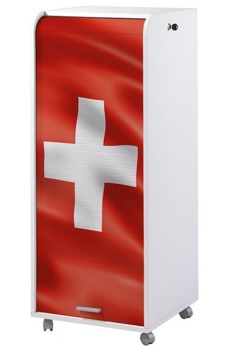 Grand caisson à rideau sur roulettes 3 tiroirs blanc imprimé drapeau Suisse Orga 108 cm - Photo n°1