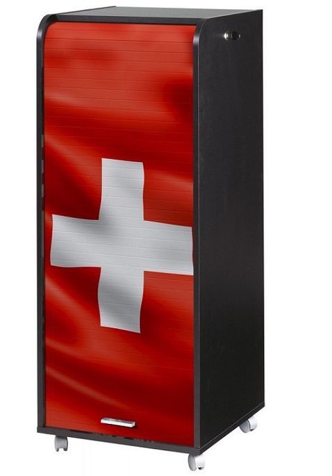 Grand caisson à rideau sur roulettes 3 tiroirs noir imprimé drapeau Suisse Orga 108 cm - Photo n°1