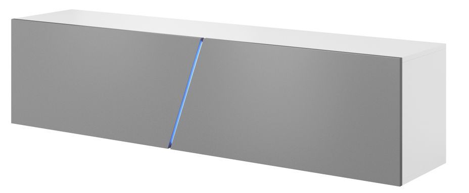 Grand meuble TV sur pied ou mural 2 portes avec Led blanc mat et gris brillant Prago 160 cm - Photo n°1