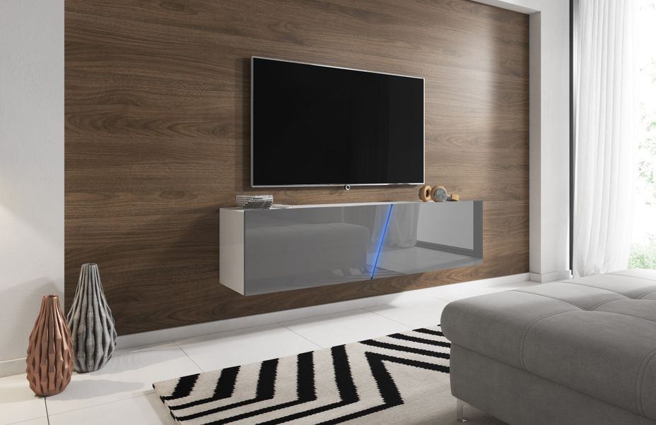 Grand meuble TV sur pied ou mural 2 portes avec Led blanc mat et gris brillant Prago 160 cm - Photo n°2