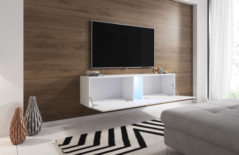 Grand meuble TV sur pied ou mural 2 portes avec Led blanc mat et gris brillant Prago 160 cm - Photo n°4