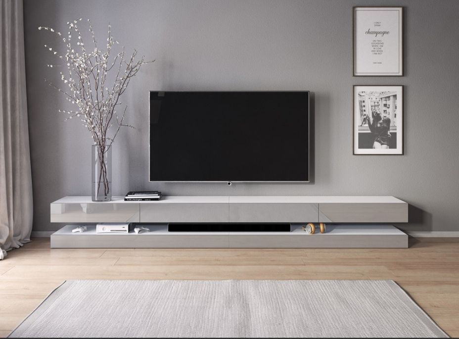 Grand meuble TV suspendu 4 tiroirs bois blanc et gris laqué Kapan 280 cm - Photo n°2