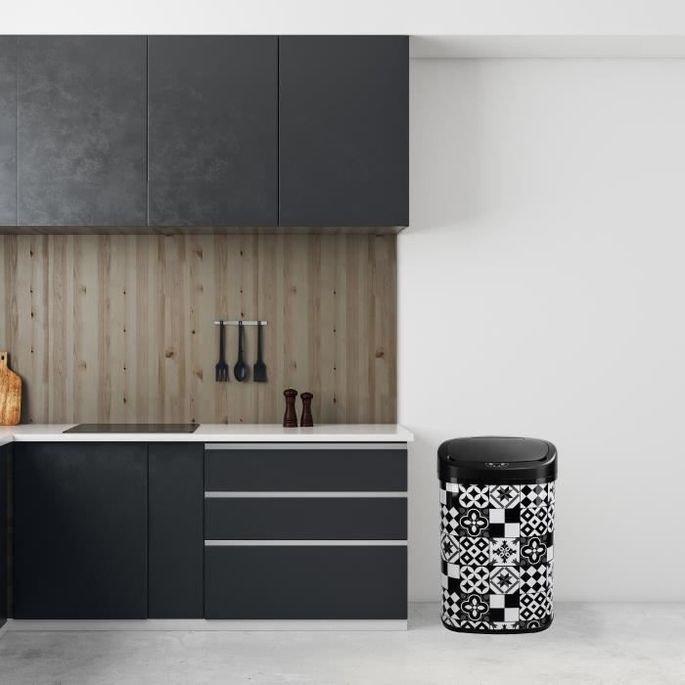 KITCHEN MOVE Poubelle de cuisine automatique 58 L - Inox - Motif carreau de ciment - Noir et Blanc - Photo n°4