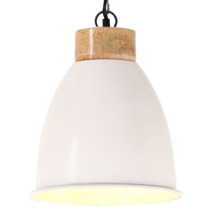 Lampe suspendue industrielle Blanc Fer et bois solide 23 cm E27 - Photo n°1