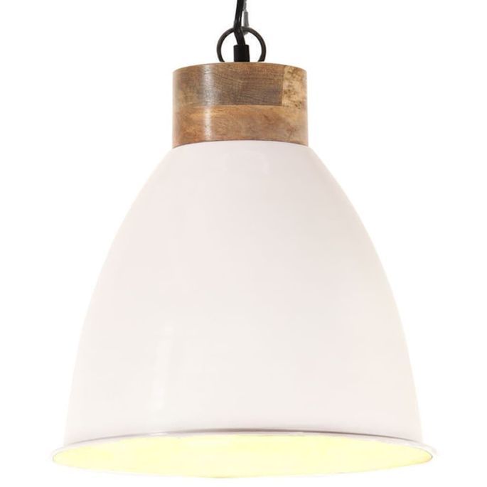 Lampe suspendue industrielle Blanc Fer et bois solide 35 cm E27 - Photo n°1
