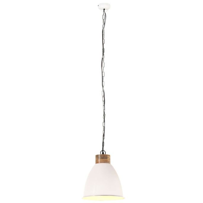 Lampe suspendue industrielle Blanc Fer et bois solide 35 cm E27 - Photo n°5