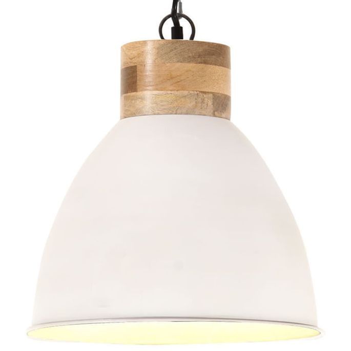 Lampe suspendue industrielle Blanc Fer et bois solide 46 cm E27 - Photo n°1