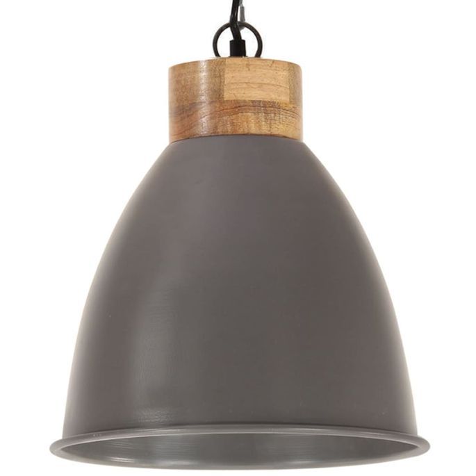 Lampe suspendue industrielle Gris Fer et bois solide 35 cm E27 2 - Photo n°3