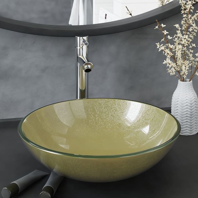 Lavabo de bain avec robinet et drain à poussoir Verre trempé 19 - Photo n°1