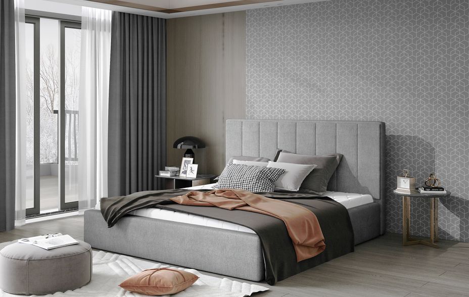 Lit 140x200 cm tissu gris clair capitonné vertical Vareze - Photo n°2