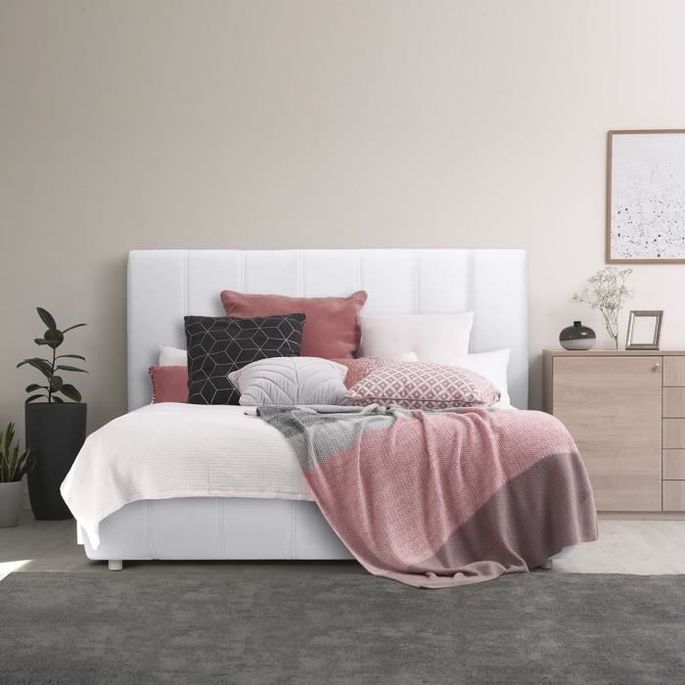 Lit adulte 140 x 190 cm + coffre de rangement - Simili blanc - Sommier inclus - CLOUD - Photo n°2