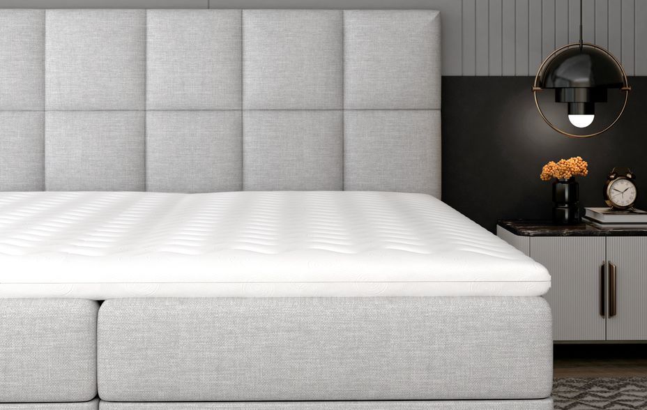 Lit boxspring tissu gris clair chiné avec matelas et surmatelas Lizen - Photo n°9